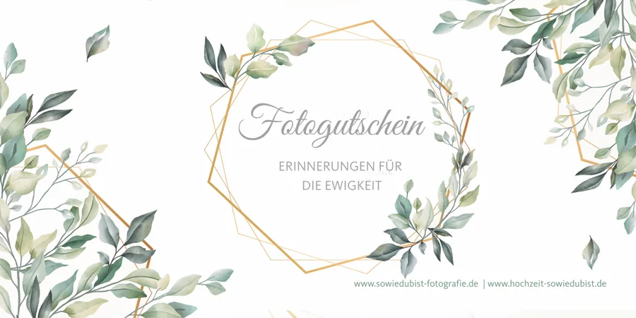 Fotogutschein mit Aquarell-Eukalyptus und goldenem Rahmen, darauf steht: Erinnerungen für die Ewigkeit